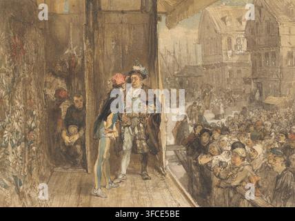 Schönes Theater, Zeichnung, Aquarell, Inschrift: 'Théatre ambulant dans une ville du Pays-Bas', Zeichner (Künstler): Charles Rochussen, 1869, Zeichner (Künstler), Farbe (Beschichtung), Papier, Pinsel, Pinsel in Farben, Höhe 250 mm x Breite 355 mm, Straße, Schauspielertruppe, Schauspieler auf der Bühne., Eine gemalte Szene zeigt zwei aufwendig gekleidete Figuren, die nahe einer hölzernen Tür stehen, einer trägt gestreifte Strumpfhosen und eine rote Kappe, der andere einen pelzbesetzten Umhang und einen Hut mit Federn, beide stehen sich gegenüber. Ein Junge, der eine Schüssel hält, steht im Schatten hinter ihnen, neben einem dunkleren Innenraum, wo eine weitere Figur steht Stockfoto