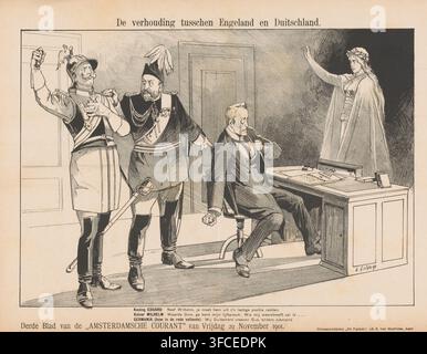 Die Beziehung zwischen England und Deutschland, Karikatur, Grafiker: Petrus van Geldorp, Drucker (Person): De Fakkel, Amsterdam, 1901-11-29, Drucker (Person), Papier, Lithographie, Lithografie, Höhe 309 mm x Breite 408 mm., Eine gezeichnete Szene zeigt einen Raum mit einer Gruppe von drei Männern und einer stehenden Frau. Zwei Männer in Militärkleidung stehen links in geschmückten Uniformen, Helmen mit Federn oder Verzierungen, Schärpen und Schwertern; einer hat einen Arm erhoben und der andere gestikuliert in Richtung des sitzenden Mannes. Der sitzende Mann an einem Schreibtisch trägt einen Anzug und eine Fliege und sitzt auf einem Drehstuhl, eine Hand geballt in der Nähe des Stuhls Stockfoto