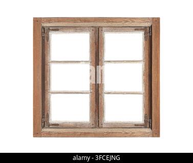 Altes rustikales Holzfenster isoliert auf weißem Hintergrund mit Ausschnittpfad Stockfoto