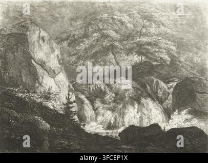 Felslandschaft mit Wasserfall, Druck, Drucker: Pierre Louis Dubourcq, Niederlande, 1830 - 1858, Papier, Radierung, Trockenradierung, Radierung und Trockenradierung, Höhe 170 mm x Breite 230 mm, Wasserfall. Eine monochromatische Landschaft, die eine felsige Szene mit einer Gruppe von kaskadierenden Wasserfällen im zentralen Vordergrund zeigt, Wasser fließt über glatte dunkle Felsbrocken in ein schaumiges Becken darunter; eine große helltonige Felswand erhebt sich links mit einem kleinen Nadelbaum an ihrer Basis, während mehrere Bäume mit dichtem, strukturiertem Laub hinter den Wasserfällen im mittleren Hintergrund stehen; der Himmel und die umgebenden Bereiche sind mit feinen Stockfoto