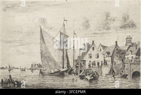 Segelsschiffe und Sloops am Kai in der Nähe eines Dorfes, Druck, Druckgrafiker: Henri Adolphe Schaep, 1856, Papier, Radierung, Höhe 142 mm x Breite 216 mm, Ruderboot, Kanu, Landschaften mit Gewässern, Gewässerlandschaften, Seelandschaften (in der gemäßigten Zone). Eine Flussszene zeigt eine Gruppe von Segelschiffen, die in der Nähe eines hölzernen Kais festgemacht sind, mit hohen Segeln und Masten, kleinen Ruderbooten daneben und Menschen, die auf den Booten und am Dock stehen und sitzen; neben dem Kai stehen eine Reihe von Gebäuden mit Satteldächern dicht beieinander, einige mit sichtbaren Schornsteinen und Giebelfassaden, und ein höherer Turm erhebt sich hinter ihnen; der Stockfoto