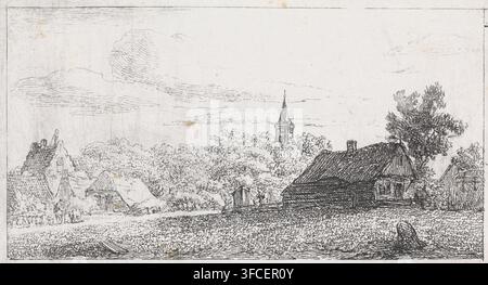 Haus auf einem Feld in der Nähe eines Dorfes, Druck, Druckgraphiker: Gijsbertus Johannes Verspuy, Niederlande, 1833 - 1862, Papier, Radierung, Höhe 75 mm x Breite 135 mm, Dorfrand., Eine weite Landschaftsskizze, die eine ländliche Szene mit einer Gruppe kleiner Häuser und Hütten zeigt, die zwischen dichten Bäumen gruppiert sind, ein Kirchturm mit einem hohen Turm, der über die Baumwipfel in Richtung Zentrum aufragt, und mehrere Giebel und Strohdächer sichtbar sind. Im Vordergrund befindet sich ein abschüssiger Grasbereich mit texturierten Linien, ein einfacher Holzzaun in der Nähe eines kleinen Tores und einige kleine Figuren in der Nähe der Gebäude. Rechts ein größerer Stockfoto