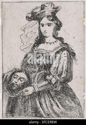 Salome mit dem Haupt des Johannes des Täufers, Druck, Druckgrafiker: Arnoud Schaepkens, 1831 - 1904, Papier, Chine collé, Radierung, Drypoint, Radierung und Drypoint, Höhe 143 mm x Breite 92 mm, das Haupt des Johannes des Täufers auf einem Teller. Ein schwarzweißes radiertes Bild, das eine Frau mit langem gewelltem Haar zeigt, die einen Hut mit abgerundeten Formen und ein Kleid mit einem eckigen Ausschnitt und dekorativem Besatz trägt und einen liegenden Mann hält, dessen Kopf nahe ihrem Arm ruht; der Ausdruck der Frau ist neutral, ihr Haar fällt über ihre Schultern, und der Mann hat geschlossene Augen und einen Bart; die Kleidung und der Hintergrund sind mit Stockfoto