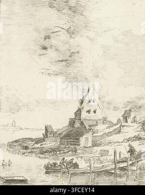 Landschaft mit Haus und Steg am Fluss, Druck, Landschaft mit Haus auf einem hohen Ufer, umgeben von einem Fluss. Vier Kanonenläufe liegen am Ufer. Ein kleines Boot liegt an einem Steg, auf dem ein Mann mit einem Eimer geht., Druckgrafiker: Albertus Brondgeest, Niederlande, 1796 - 1849, Papier, Radierung, Höhe 237 mm x Breite 176 mm, Wasserlauf., Eine Feder- und Tinten-Skizze zeigt eine Uferszene mit einigen kleinen Holzbooten, die an einem einfachen Steg festgemacht sind, ihre Spiegelungen sind im ruhigen Wasser sichtbar. Ein paar Figuren sitzen in einem der Boote, während eine weitere Figur auf einem schmalen Steg steht. Entlang des Ufers fällt es sanft ab Stockfoto