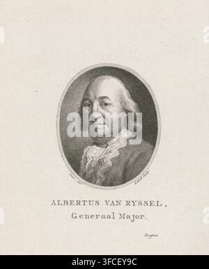 Albertus van Ryssel, Generalmajor, Porträt von Albert van Ryssel, Druck, Ovaler Brustbild nach links von Albert van Ryssel, Generalmajor im Jahr 1787., Radierer: Jan Kobell (I), nach Entwurf von Smit, 1787 - 1833, Papier, Stichtgravur, Radierung, Stichtgravur und Radierung, Probendruck, Höhe 168 mm x Breite 146 mm, Person, Albert van Ryssel., Ein ovales graviertes Porträt eines älteren Mannes mit rundem Gesicht und schulterlangem Haar, von der Brust aufwärts gezeigt, der ein strukturiertes Gewand mit einem gerüschten Kragen trägt, vor einem gestippten dunklen Hintergrund und umgeben von einer dünnen dekorativen Stockfoto