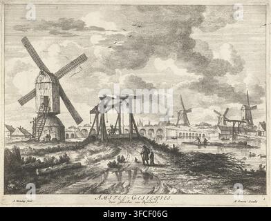 Ansicht der Hogesluis von der Utrechter Seite, Amstel-Ansichten, Amstel-Geschichte, Druck, Seriennummer, 1, 6, Radierer: Abraham Bloteling, Amsterdam, nach Entwurf von Jacob Isaacksz van Ruisdael, Verleger: Hieronymus Sweerts, 1663 - 1692, Papier, Radierung, Höhe 165 mm x Breite 216 mm, Hogesluis. Eine weitläufige Flussuf-Szene in monochromem Radierstil zeigt eine große hölzerne Windmühle mit geneigten Flügeln links, eine Gruppe von erhöhten Holzkonstruktionen und eine Brücke mit Bögen, die sich über das Wasser in Richtung Zentrum erstreckt, sowie mehrere andere Windmühlen, die über das entfernte Ufer verstreut sind. Im Vordergrund Stockfoto
