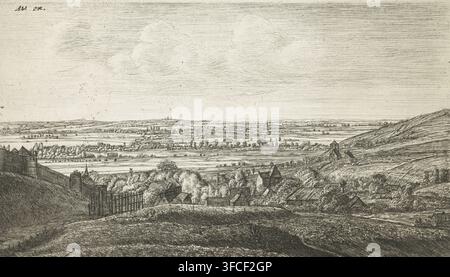 Dorf in einem Tal, Verschiedene Landschaften, Druck, Druckgrafiker: Jan Ruyscher, Amsterdam (möglicherweise), Druckgrafiker: Anthonie Waterloo, Druckgrafiker: Hercules Segers, Verleger: Basan et Poignant, Paris, Verleger: Auguste Jean (Verleger), 1630 - 1663, 1773 - 1832, Papier, Radierung, Druck ist verdoppelt, Höhe 121 mm x Breite 208 mm, hügeliges Land, Wassermühle in der Landschaft, Rhenen, Rhein., Eine weitläufige, detaillierte Monochrom-Landschaft, die einen weitreichenden Blick von einem Hügel aus hinab in ein Tal zeigt, mit verstreuten Gebäuden, gruppierten Bäumen und bewirtschafteten Feldern, die sich bis zu einem fernen Horizont unter einem Himmel mit wenigen Stockfoto