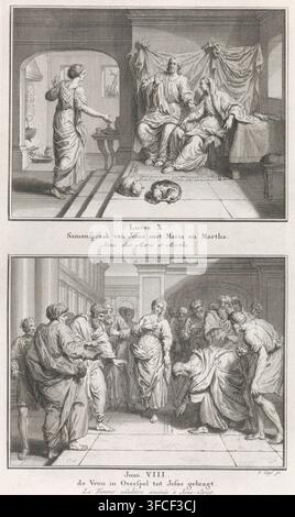 Gespräch zwischen Jesus und Maria und Martha, Die Frau in der Ehebruchsszene, die zu Jesus gebracht wird, Christus im Haus von Martha und Maria, Christus und die adulteröse Frau, Druck, Buchillustration, Seriennummer, 20, 50, Zwei biblische Darstellungen. Oben: Christus besucht Martha und Maria. Maria sitzt neben ihm und hört zu. Martha beschwert sich bei Christus, dass Maria ihr nicht hilft. Christus antwortet, dass Maria die richtige Wahl getroffen hat. Unten: Die Schriftgelehrten haben eine adulteröse Frau zu Christus gebracht. Christus schreibt mit seinem Finger auf den Boden. Unter den Illustrationen ein Hinweis auf die Bibeltexte und die Titel in Stockfoto