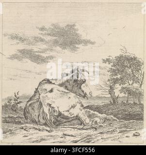 Landschaft mit liegender Kuh, Druck, Landschaft mit liegender Kuh nach rechts gewandt, von hinten gesehen. Im Hintergrund eine Weide und drei Bäume., Druckgrafiker: Pieter Janson, 1780 - 1851, Papier, Radierung, Höhe 135 mm x Breite 136 mm, Kuh., Eine detaillierte Feder- und Tinten-Szene zeigt ein liegendes Tier mit texturiertem Fell und geschwungenen Hörnern im Vordergrund, sein Körper ist geschlungen mit sichtbaren Falten und einem langen Schwanz, der sich über den Boden erstreckt; rechts steht eine Gruppe von Bäumen mit kunstvollen Blättern und dünnen Ästen in der Nähe eines Gewässers mit einer texturierten Uferlinie; der Himmel darüber enthält geschichtete, lineare Wolken Stockfoto