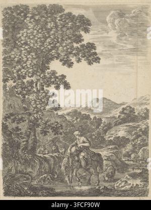 Hirt zu Pferd in einem Bach, Druck, Eine Landschaft mit einem Hirten zu Pferd und seiner Ziegenherde an einem Bach. Einige der Ziegen und das Pferd stehen im Bach., Drucker: Stefano della Bella, 1620 - 1664, Papier, Radierung, Höhe 256 mm x Breite 186 mm, Landschaften, Hirten, Hirtenmensch, Hirtenfrau, Hirte, Hirtin, Kuhhirte, Landschaften mit Gewässern, Wasserschaften, Seelandschaften (in der gemäßigten Zone), Bach, Herde, Schar., Eine detaillierte monochromatische Landschaftszeichnung, die einen großen Baum mit dichtem Laub auf der linken Seite zeigt, sanfte Hügel und ferne Berge im Hintergrund, und Stockfoto