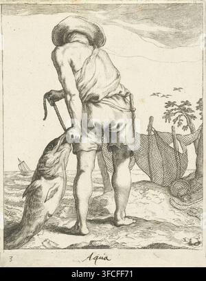 Wasser, Aqua, Die vier Elemente, Druck, Seriennummer, 3, 4, Ein Fischer zieht seinen Fang an Land. Im Hintergrund hängt ein Netz zum Trocknen., Nummer: '3', Inschrift: 'Aqua', Druckgraphiker: Frederick Bloemaert, Utrecht, nach Gemälde von Abraham Bloemaert, 1632 - 1670, Papier, Radierung, Probedruck mit Inschrift in brauner und roter Tinte, Höhe 136 mm x Breite 103 mm, Fischer., Eine Rückansicht einer barfüßigen Figur, die an einer Küste steht, ein drapiertes Tuch und einen breiten Hut trägt und ein Seil hält, das an einem großen Fisch befestigt ist, der im Sand liegt; rechts hängt ein Fischernetz zwischen Pfosten mit einem zylindrischen Stockfoto