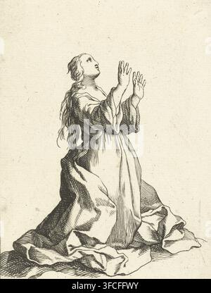 Knieende betende Frau (Maria Magdalena?), 15 kleine Figuren, Druck, Seriennummer, 9, 15, Eine kniende Frau mit zu Himmel erhobenen Händen. Wahrscheinlich Maria Magdalena, die das Kreuz anbetet., Drucker: Frederick Bloemaert, Utrecht, nach Entwurf von Abraham Bloemaert, Verleger: Nicolaes Visscher (II) (möglicherweise), nach 1635 - 1669, Papier, Radierung, Höhe 120 mm x Breite 90 mm, erwachsene Frau., Eine monochromatische Strichzeichnung einer knienden Figur mit langem wallendem Haar und locker drapierten Gewändern, im Profil nach oben blickend mit beiden erhobenen Händen, detaillierte Falten und Kreuzhatchings auf den Gewändern und eine einfache Stockfoto
