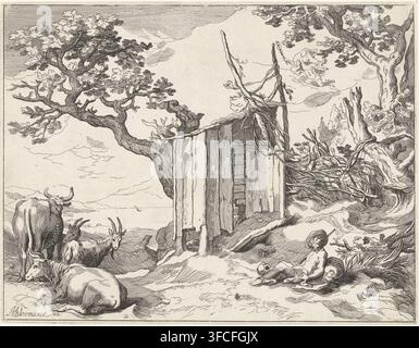 Landschaft mit Argus bei Io als Kuh und Merkur am Himmel, Ansichten der Landschaft, Druck, Seriennummer, 2, 4, Drucker, nach Druck von, nach Entwurf von, Abraham Bloemaert, Boëtius Adamsz. Bolswert, Papier, Radierung, Höhe 203 mm x Breite 263 mm, Io als Kuh, beobachtet von Argus., Eine detaillierte Schwarz-Weiß-Linienzeichnung zeigt eine felsige Landschaft mit verdrehten Bäumen und freiliegenden Wurzeln, die eine hölzerne Klippe oder einen Zaun aus vertikalen Brettern einrahmen. Ein paar Kühe und Ziegen ruhen oder stehen im Vordergrund auf texturierter Erde, eine liegt, andere sind in verschiedene Richtungen gedreht. Rechts ein junger Mensch Stockfoto