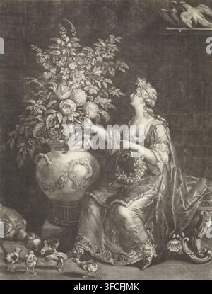 Frühling, Die Vier Jahreszeiten, Druck, Seriennummer 1, 4, Allegorische Darstellung des Frühlings. Eine junge Frau flechtet einen Frühlingskranz; sie nimmt die notwendigen Blumen aus der großen Vase neben sich. Im Vordergrund picken eine Henne und ihre Küken Körner, und zwei Vögel sitzen auf einem kleinen Regal an der Wand und picken sich gegenseitig. Der Druck ist Teil einer Serie von vier Drucken, die die vier Jahreszeiten darstellen., Druckgrafiker: Jan Broedelet, Niederlande, nach Entwurf von Gerard Hoet (I) (möglicherweise), 1670 - 1700, Papier, Mezzotinto, Probendruck, Höhe 250 mm x Breite 190 mm, 'Ver', 'Primavera' (Ripa) Stockfoto