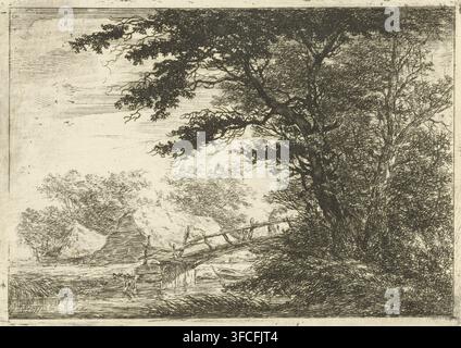 Ruhefiguren an hohen Bäumen, Druck, Druckgrafiker: Hermanus van Brussel, Niederlande, ca. 1800 - bis 1815, Papier, Radierung, Höhe 135 mm x Breite 104 mm, Wald, Holz. Eine detaillierte Monochromradierung zeigt eine Flussszene mit einem großen, dichten Baum rechts, dessen Äste und Laub sich über den oberen Bereich ausbreiten, vor einem helleren Himmel als Silhouette. Eine rustikale Holzbrücke oder ein Gehweg überquert einen schmalen Wasserkanal unter dem Baum, mit einigen kaputten oder unebenen Geländern. Strohdachhäuser und weitere Bäume erscheinen im Mittelgrund über das Wasser, ihre Texturen mit feinen Strichen wiedergegeben Stockfoto