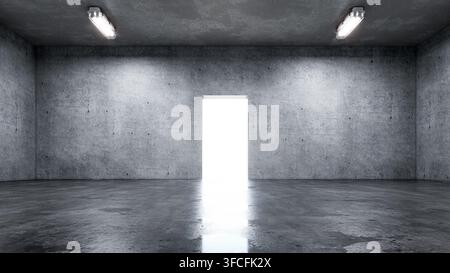 Leerer dunkler betonner Industrieraum mit leuchtender Türöffnung in der Mitte, Deckenlampen und reflektierendem Boden. 3D-Rendering. Stockfoto