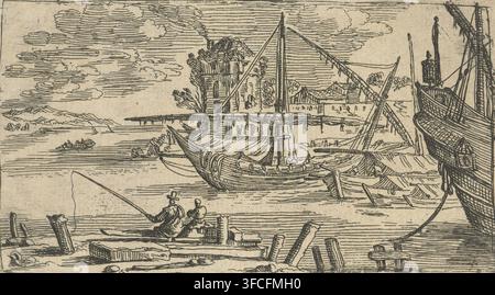 Hafen mit Angler, Druck, Ein Hafen mit mehreren kleinen Fischerbooten. Im Vordergrund ein Angler auf dem Kai., Druckgrafiker: Abraham Casembroot, Südniederlande, 1603 - 1658, Papier, Radierung, Höhe 79 mm x Breite 140 mm, Hafen, Fischer., Eine monochromatische Strichzeichnung einer Uferlandschaft, die eine Gruppe von Booten zeigt, die entlang eines Stegs festgemacht sind, und ein größeres Schiff am rechten Rand, mit Masten, Takelage und schrägen Segeln sichtbar; im Vordergrund ein kleiner Pier mit Pfosten und eine Gruppe von zwei sitzenden Figuren, die dem Wasser zugewandt sind, eine hält eine lange Rute; hinter ihnen mehrere kleine Ruderboote und ein größeres flaches Stockfoto