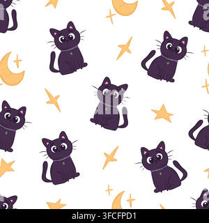 Vektor-Muster ohne Naht, schwarze Katzen, der Mond und Sterne Stock Vektor