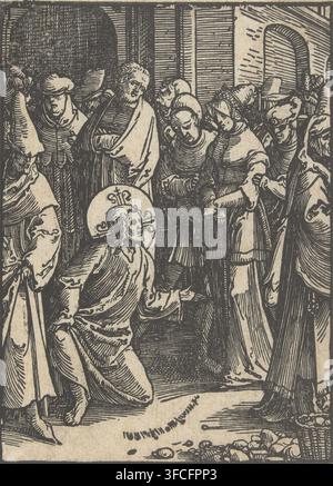 Christus und die Sünderin, Stumme Passion, Druck, Buchillustration, Drucker: Lucas van Leyden zugeschrieben, Niederlande, 1518 - 1522, Zugeschrieben, Papier, Holzschnitt, Höhe 111 mm x Breite 81 mm, Buch, in dem Illustrationen wesentlich sind, Christus zeigt auf oder schreibt auf den Boden., Eine dicht gebräunte Holzschnittszene, die eine Gruppe von bekleideten Figuren zeigt, die in einem Innenraum mit Bögen und vertikalen Paneelen versammelt sind; mehrere Personen stehen eng beieinander und tragen unterschiedliche Kopfbedeckungen und Umhänge, während eine Figur kniet mit einem haloartigen Kreis hinter dem Kopf und wallendem Haar und Stockfoto