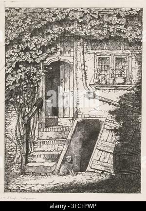 Fassade eines Hauses, Druck, Fassade eines Hauses. Eine Treppe führt zur Veranda und einer halb offenen Tür. Die Kellertür ist ebenfalls offen. Ein Schoßhund sitzt vor der Kelleröffnungsöffnung., Druckgrafiker: Jacobus Ludovicus Cornet, Leiden, 1825 - 1882, Papier, Radierung, Probendruck, Höhe 291 mm x Breite 233 mm, Hund, Vorderfassade, Pflanzen und Kräuter: Efeu., Eine Inkunabelzeichnung eines rustikalen Eingangs und Hofes zeigt eine verwitterte Holztür in einer Ziegelwand mit einer kleinen gewölbten Öffnung, flankiert von laubigen Ranken, die über die Fassade und ein Geländer klettern. Eine Gruppe von Stein- oder Holzstufen führt zum Eingang, mit Stockfoto