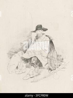 Ruhende Reisende, Druck, Ein Reisender ruht vor dem Eingang einer Höhle. Neben ihm steht ein Hund. Der Mann trägt einen Umhang und einen Zylinder., Kupferstecher: Jacobus Ludovicus Cornet, Leiden, 1851, Papier, Radierung, Probendruck, Höhe 278 mm x Breite 206 mm, Hund, (Reisender) ruht im Freien., Eine leicht skizzierte, monochromatische Zeichnung eines sitzenden Mannes mit breitkrempigem Hut und Umhang mit Pelzkragen, sein Gesicht zeigt einen kurzen Bart und Schnurrbart; er sitzt mit entspannten Händen im Schoß und einem angehobenen Knie, trägt lockere Kleidung und einfache Schuhe mit sichtbaren Schnürsenkeln. Ein drapiertes Cape fällt Stockfoto
