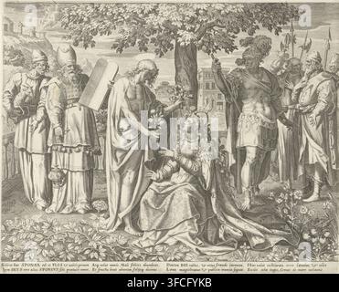 Eine detaillierte Monochrom-Gravur zeigt eine zentrale Gruppe unter einem großen belaubten Baum mit Früchten an seinen Ästen; eine stehende männliche Figur, die in ein Gewand gehüllt ist, reicht einer knienden Frau in einem prächtigen Kleid und langen lockigen Haaren, die ihre Hand nach ihm ausstreckt, einen blühenden Ast und Früchte; daneben gestikuliert ein stehender bewaffneter Soldat mit federgeschmücktem Helm und Speer. Links stehen zwei bärtige Figuren in langen Gewändern und markanten Kopfbedeckungen beieinander, einer hält ein Paar großer Tafeln, der andere ein Räuchergefäß, und hinter ihnen erscheint eine Ziege. Im Hintergrund befindet sich eine gebaute Struktur mit Stockfoto