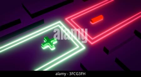 Plus- und Minus-Symbol mit grün und rot leuchtender Neonbeleuchtung auf dunklem violettem Hintergrund, 3D-Rendering. Stockfoto