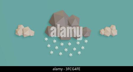 Schnee bedeckter Himmel, graue Wolke mit Schnee auf blauem Hintergrund, abstrakte geometrische Formen, Wetter- und meteorologisches Konzept, 3D-Rendering Stockfoto