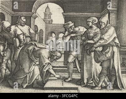 Christus und die Ehebrecherin, Druck, Die Pharisäer bringen eine Ehebrecherin zu Christus, damit er über ihren Verstoß urteile. Christus schreibt mit einem Finger auf den Boden. Einer der Männer trägt Steine in seiner Kleidung und ein anderer Mann hat ein Buch unter dem Arm mit dem alten Gesetz., Druckgraphiker: Georg Pencz, Deutschland, 1544 - 1548, Papier, Radierung, Gravur, Höhe 61 mm x Breite 83 mm, Pharisäer bringen eine Frau, die des Ehebruch angeklagt ist, vor Christus (Johannes 8:2-11)., Eine Gruppe von Figuren steht und kniet in einem architektonischen Raum, der durch Bögen, Säulen und einen in einem Torbogen sichtbaren Turm definiert ist. Mehrere Stockfoto