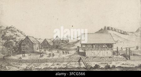 Ansicht einer Wassermühle, Druck, Druckgrafiker: Wenceslaus Hollar, 1625 - 1677, Papier, Radierung, Trockenpunkt, Radierung und Trockenpunkt, Höhe 105 mm x Breite 197 mm, Wassermühle in der Landschaft. Eine panoramische Feder- und Tinten-Szene zeigt ein Flussdorf mit einer Gruppe von Fachwerkgebäuden und einer größeren Holzkonstruktion auf Stein Fundamenten in der Nähe des Wassers; im Vordergrund befindet sich ein Steinwall und ein fließender Fluss mit sichtbaren Strömungen und einem abgebrochenen Ast, im Mittelgrund befinden sich grasbewachsene Hänge, einige Bäume und ein Erdbodenbereich, an dem mehrere kleine Figuren versammelt sind und interagieren, einige stehen und einige gehen, Stockfoto