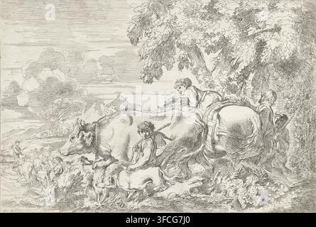 Schäfer mit ihrer Herde, Druck, Ein Schäfer und drei Schäferjungen mit ihrer Schafherde, Pferd, Kuh und zwei Hunden in einer Landschaft., Druckgrafiker, nach Druck von, Giovanni Benedetto Castiglione, Papier, Radierung, Höhe 246 mm x Breite 363 mm, Hirtenarbeit, Hirte, Hirtin, Schäfer, Schäferin, Kuhhirte, Herde, Herde., Eine detaillierte Strichzeichnung, die eine pastorale Szene mit einer großen liegenden Kuh im Vordergrund zeigt, umgeben von einer Gruppe kleinerer grasender Tiere und einer liegenden Figur, die sich an die Kuh lehnt, einem stehenden Jugendlichen, der einen Stab in der Nähe der Kuh hält, und einigen Personen, die sich im Hintergrund versammeln Stockfoto