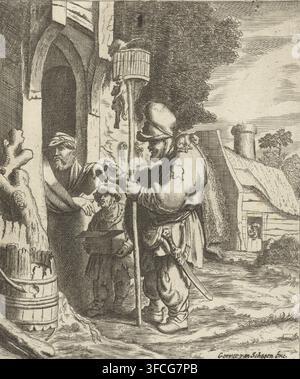 Der Rattenfänger, Druck, Druckgrafiker, nach Druck von, Verleger, Rembrandt van Rijn, Papier, Radierung, Kupferstich, Radierung und Kupferstich, Höhe 142 mm x Breite 123 mm, Rattenvertilger. Eine detaillierte Schwarz-Weiß-Radierung zeigt eine Gruppe von drei Männern in der Nähe des Eingangs eines Gebäudes, ein Mann steht mit einem hohen Stab und einem kleinen Tier auf seiner Schulter und einem weiteren kleinen Tier auf einem zylindrischen Objekt auf dem Stab, ein bärtiger Mann mit einem Kopftuch, der auf den Mann mit dem Stab zeigt, und eine kleinere Figur, die eine Schachtel hält. Im Vordergrund befinden sich ein Holzeimer und ein knorriger Baumstumpf, Stockfoto