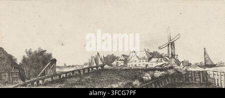 Landschaft mit Holzbrücke, Druck, Druckgrafiker: Werkstatt von Pierre François Basan, nach Druck von Pieter de With, 1733 - 1797, Pieter de With, nach Druck von, Papier, Radierung, Höhe 76 mm x Breite 198 mm, Landschaften. Eine breite sepiafarbene Tuschezeichnung zeigt eine Flussufszene mit einer Gruppe von Gebäuden und einer großen Windmühle nahe der rechten Seite, deren Flügel geneigt und deren Turm mit vertikalen Linien detailliert ist. Entlang des Wasserrands gruppieren sich einige Häuser mit Satteldächern, mit kleinen Figuren in ihrer Nähe. Ein Segelboot mit einem hohen, dreieckigen Segel schwebt auf dem Wasser ganz rechts, und eine Gruppe von Stockfoto