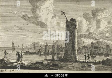 Hafen mit einem Leuchtturm, Quelqe port dee Meer, Mehrere Seehäfen, Druck, Ein Leuchtturm bei einem Seehafen und einem Dorf, eine untergehende Sonne., Druckgrafiker: Reinier Nooms, Niederlande, 1656, Papier, Radierung, Höhe 133 mm x Breite 202 mm, Hafen, Leuchtturm, Leuchtschiff., Eine Radierungsszene, die eine Ufergegend mit einem hohen, grob strukturierten Steinturm in der Nähe des Ufers zeigt, Boote mit Segeln, die im Wasser vor Anker liegen und festgemacht sind, eine Gruppe kleiner Gebäude am gegenüberliegenden Ufer, niedrige Berge im Hintergrund, eine helle runde Sonne in der Nähe des Horizonts mit ausstrahlenden Linien, ein Himmel voller geschichteter Wolken und gestreifter Stockfoto