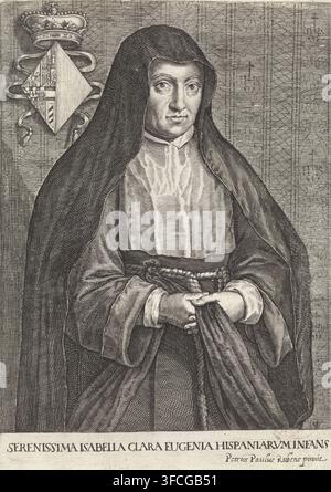 Porträt von Isabella Clara Eugenia, in Gewand, Druck, Infantin von Spanien, in Gewand. In der oberen linken Ecke das Wappen der Dargestellten. Am Rand der Name und der Stand der Dargestellten auf Latein., Kupferstecher: Crispijn van de Passe (II), unbekannt, nach einem Gemälde von Peter Paul Rubens, 1604 - 1670, Papier, Radierung, Gravur, Höhe 206 mm x Breite 145 mm, Person, Infantin von Spanien Isabella Clara Eugenia, Gewand, Kutte., Ein schwarzweißes radiertes Porträt einer Frau, die einen dunklen Kapuzenumhang über einem helleren hochkragenigen Kleidungsstück trägt, von der Taille aufwärts gezeigt und nach vorne gerichtet mit neutralem Ausdruck; ihr Stockfoto