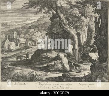 Landschaft mit Pferd neben einer Wassermühle, Landschaften, Druck, Hügelige Landschaft mit einem Pferd, das unter einem Schutzdach neben einer Wassermühle steht. Ein Reiter und sein Pferd gehen auf die Wassermühle zu. Im Hintergrund eine Stadtansicht., Kupferstecher: Magdalena van de Passe, Utrecht, nach Entwurf von Paul Bril, Verleger: Crispijn van de Passe (I), 1617 - 1634, unbekannt, Privilegiengeber, Papier, Radierung, Höhe 222 mm x Breite 269 mm, Wassermühle., Eine detaillierte Monochrom-Radierung zeigt eine ländliche Landschaft mit einem gewundenen Bach und einem Wasserfall, der über Felsen fließt, umrandet von hohem Gras und laubreichen Pflanzen im Stockfoto