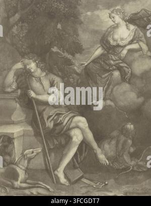 Diana und Endymion, Druck, Endymion, der auf Befehl des Jupiter für immer eingeschlafen war, um ewige Jugend zu erlangen, wird von Diana besucht. Aus einer Wolke schaut Diana auf ihn herab. Rechts von Endymion liegt Amor mit einem Pfeil in der Hand., Druckgrafiker: Jeremias van Schaak, Nordniederlande, 1690 - 1727, Jeremias van Schaak, Druckgrafiker, Papier, Mezzotinto, Höhe 234 mm x Breite 181 mm, Diana (Luna) besucht den schlafenden Endymion, Bewusstlosigkeit., Ein Graustufenbild einer klassischen Szene, die einen sitzenden Mann mit lockigem Haar und entspanntem Gesichtsausdruck zeigt, der sich auf einen Stab lehnt, locker gekleidet Stockfoto