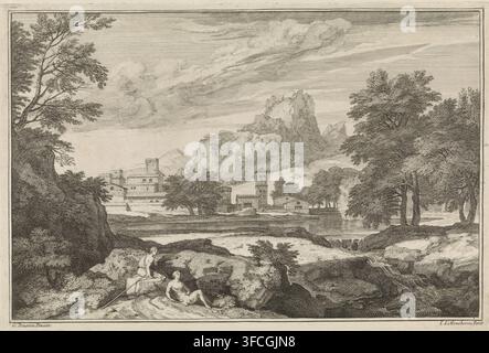 Landschaft mit zwei ruhenden Figuren im Vordergrund, Arkadische Landschaften, Druck, Landschaft mit zwei ruhenden Figuren im Vordergrund. In der Mitte ein See, der in einen Wasserfall fließt. Im Hintergrund Gebäude und ein hoher Berg., Druckgrafiker: Isaac de Moucheron, Amsterdam, nach Gemälde von Gaspard Dughet, Rom, 1697 - 1744, Papier, Radierung, Stich, Radierung und Stich, Höhe 171 mm x Breite 258 mm, Idyllen, Arkadische Szenen, Wasserfall, See (+ Landschaft mit Figuren, Staffage)., Eine detaillierte Monochrom-Landschaft, die felsiges Vordergrundgelände mit einigen Figuren in der Nähe der Felsen zeigt, zwei von Stockfoto