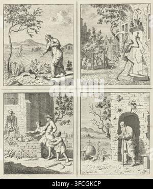 Sich verlieren, der Tod klopft an die Tür, Skelett und Knochen, Alter Mann, Druck, Vier Szenen. Oben links: Gleichnis vom Sämann. Eine Frau zeigt auf die Erde, während im Hintergrund ein Sämann Samen über das Feld streut. Oben rechts: Der Tod klopft mit einer Sense in der Hand an eine Tür. Im Hintergrund eine feiernde Gruppe unter einer Pergola. Unten links: Ein Mann und ein Junge werden von einem Mann auf Knochen und ein Skelett auf einem Friedhof hingewiesen, in Erinnerung an den Tod. Unten rechts: Ein alter Mann zeigt auf eine Sanduhr und eine Kugel. Die letzten drei Darstellungen rufen zur Erinnerung an den Tod auf., Druckgrafiker: Cornelis van Stockfoto