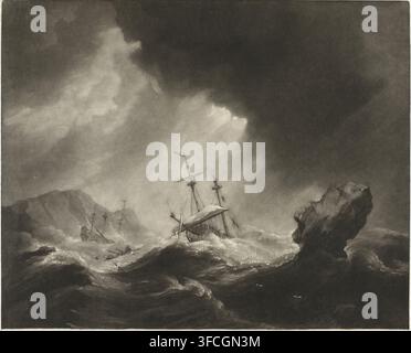 Sturm auf See mit Schiffswrack und sinkendem Schiff, Druck, Drucker: James Watson (Drucker), nach einem Gemälde von Willem van de Velde (II), 1758 - 1790, Papier, Mezzotinto, Probe, Höhe 470 mm x Breite 532 mm, Ruderboot, Kanu, Schiffswrack, Sturm auf See, Felsformationen., Eine dramatische Seelandschaft, die eine Gruppe von Segelschiffen zeigt, die zwischen aufragenden Wellen und Eis gefangen sind, mit hohen Masten, die aus dem aufgewühlten Wasser aufragen, einige Ruderboote mit Figuren, die durch die Brandung navigieren, gezackte Eisformationen und felsige Ausläufer, die die Szene umrahmen, und ein weites Himmel, der mit dunklen, wirbelnden Wolken über helleren, wallenden Nebeln gefüllt ist. Stockfoto