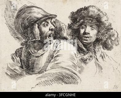 Erschreckter Soldat und Mann mit federgeschmückter Kappe (Porträt von Rembrandt), Druck, Drucker: Stefano della Bella, nach Druck von Rembrandt van Rijn, Niederlande, 1620 - 1664, Rembrandt van Rijn, nach Druck von, Papier, Radierung, Höhe 89 mm x Breite 118 mm, Person, Porträt, Selbstporträt des Künstlers, der Soldat, das Leben des Soldaten, Kopfbedeckung: Hut (+ Federn als Kleidungsaccessoire). Eine detaillierte Schwarzweiß-Zeichnung in Tinte zeigt zwei Figuren in enger Nähe, beide tragen Kopfbedeckungen und sind leicht zueinander gedreht. Die Figur links trägt einen abgerundeten Helm und hat einen Bart, weite Augen und eine offene Stockfoto
