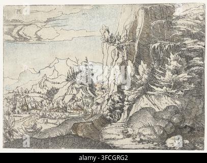 Landschaft mit dunkler Felswand, Druck, Berglandschaft mit rechts einer Felswand mit viel Schatten, im Tal eine Reihe von Häusern und einer Kirche., Druckgrafiker: Albrecht Altdorfer, Deutschland, ca. 1506 - 1522, Papier, Radierung, Handkolorierung, handkoloriert in Blau und Orange, Höhe 116 mm x Breite 158 mm, Felsen., Eine detaillierte Tintenlandschaft zeigt eine steile Felswand rechts mit geschichteten Streifen und kaskadierenden Felsformationen, flankiert von Gruppen stilisierter Bäume mit dichtem Laub; ein gewundener Bach verläuft vom Vordergrund zur Mittelgrund über ein steiniges Bett, begrenzt von abgerundeten Felsbrocken Stockfoto