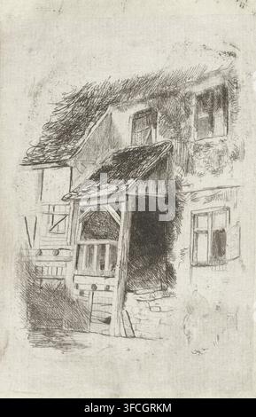 Fassade eines Hauses mit überdachtem Eingang, Druck, Druckgrafiker: Jan Diederikus Kruseman, Niederlande, 1838 - 1918, Papier, Chine collé, Radierung, Radierung auf Chine collé, Probendruck, Höhe 103 mm x Breite 68 mm, Fassade (von Haus oder Gebäude). Eine detaillierte Bleistift- oder Federzeichnung einer Gebäudefassade mit einem geneigten Dach mit strukturierten Schindeln, einem überhängenden kleinen Vordach, das von Holzpfosten gestützt wird, und einem teilweise offenen Eingang unter dem Vordach, der in ein dunkles Inneres führt. Mehrere Fenster mit sichtbaren Scheiben erscheinen im oberen und unteren Stockwerk, eines mit einem offenen Fensterladen und ein anderes mit einem kleinen Stockfoto