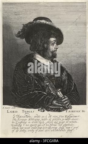 Porträt von Thomas Fairfax, Militärführer, Druck, Drucker: Salomon Savery, Amsterdam, 1642 - 1654, Papier, Radierung, Radierung, Kupferstich und Radierung, Höhe 307 mm x Breite 193 mm, Person, Thomas Fairfax (Sir). Ein detailliertes schwarzweißes radiertes Porträt zeigt einen Mann im Dreiviertelprofil nach rechts gewandt, der einen breitkrempigen Hut mit geflochtenem Band und einer fließenden Feder sowie einen kurz geschnittenen Haarschnitt mit kurzem Bart und Schnurrbart trägt. Er ist in einen schweren pelzgefütterten Umhang über geschichteten Kleidungsstücken und einem sichtbaren Kragen gekleidet, mit behandschuhten Händen, die auf einer Oberfläche ruhen, während er einen in der Scheide steckenden Dolch hält mit einem Stockfoto