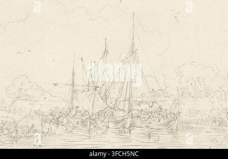 Flussansicht, Druck, Flussansicht mit verschiedenen Segelschiffen und Sloops, die nebeneinander vor Anker liegen., Druckgrafiker: Bernhard Schreuder, nach Zeichnung von Jacob Esselens, 1771 - 1787, Cornelis Ploos van Amstel, Betreuung, Amsterdam, Papier, Druckzeichnung, Transfer, Roulette, Transfer und Roulette, Probedruck, Höhe 178 mm x Breite 274 mm, Segelschiff, Segelboot, Fluss., Eine detaillierte Bleistiftzeichnung zeigt eine kleine Hafenszene mit mehreren Segelbooten, die dicht aneinander festgemacht sind, ihre Masten und Takelagen mit feinen Linien gezeichnet und einige Segel eingerollt oder drapiert; eine Gruppe von Figuren versammelt sich auf und in der Nähe der Boote, Stockfoto