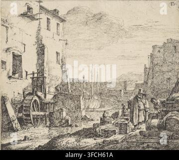 Ansicht einer Wassermühle, Druck, Eine Wassermühle bei einem Haus. Am Flussufer Händler zwischen Waren., Druckgrafiker: Thomas Wijck, 1626 - 1677, Papier, Radierung, Höhe 143 mm x Breite 171 mm, Händler, Verkäufer, Wassermühle in der Landschaft., Eine detaillierte Tintenszene zeigt ein Flussufer mit einer Gruppe alter Steingebäude auf beiden Seiten, ein großes Wasserrad in der Nähe des linken Gebäudes und schmale Boote, die entlang des Wassers festgemacht sind; einige Figuren stehen und sitzen in der Nähe von Stapeln aus Fässern und Kisten im Vordergrund, während ein paar Leute sich unterhalten und eine Person sich über einen Tisch lehnt; die Architektur umfasst gewölbte Öffnungen, Fenster, Stockfoto