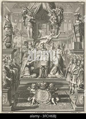 Krönung von Wilhelm III. und Maria Stuart, 1689, Druck, Buchillustration, historischer Druck, Allegorie zur Krönung von König Wilhelm III. und Königin Maria II. Stuart, 21. April 1689. Wilhelm III. und Maria Stuart knien auf beiden Seiten der Gerechtigkeit. Zwei Putten setzen ihnen Kronen auf die Köpfe. Ein Engel bläst eine Trompete. Die Gerechtigkeit überreicht dem Paar Zepter. Das Volk ist in großer Zahl anwesend., Drucker: Jacobus Baptist, Amsterdam, nach Entwurf von Gerard de Lairesse, nach Zeichnung von Philip Tidemann, 1696 - 1700, Papier, Radierung, Kupferstich, Radierung und Kupferstich, Höhe 175 mm x Breite 152 mm, Person, Maria Stockfoto
