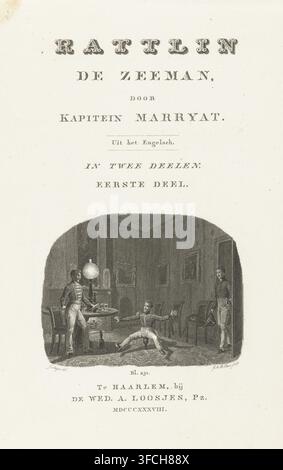Titelseite für: Captain Marryat, Rattlin the Sailor, Haarlem 1838, Rattlin the sailor balanciert fröhlich auf einer Schnapsflasche für zwei Freunde, Druck, Druckgrafiker: Johannes Alexander Rudolf Best, Amsterdam, nach Zeichnung von Johannes Steyn, Verleger: Witwe Adriaan Pietersz. Loosjes, Haarlem, 1807 - 1838, 1838, Papier, Radierung, Höhe 241 mm x Breite 148 mm, 231, Soldaten in fröhlicher Gesellschaft., Eine einfarbige gravierte Szene, eingerahmt von großen leeren Rändern, zeigt einen Innenraum mit vertäfelten Wänden und gerahmten Bildern, einen runden Tisch mit einer Lampe und kleinen Gegenständen und eine Gruppe von drei uniformierten Männern, die interagieren; einer Stockfoto