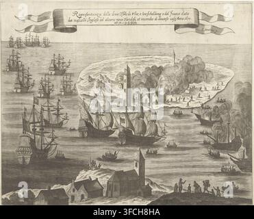 Holmes' Brandung, Druck, englische Schiffe liegen vor den Inseln Vlieland und Terschelling. Auf der Insel Terschelling, erkennbar am Leuchtturm De Brandaris, geht das Dorf West-Terschelling in Flammen auf. Rechts werden niederländische Handelsschiffe, die in der Vlie vor Anker liegen, von englischen Seeleuten in Sloops in Brand gesetzt. Im Vordergrund die Insel Vlieland. Oben auf dem Druck eine Kartusche mit einer italienischen Inschrift., Kupferstecher: Gaspar Bouttats, Antwerpen, 1670, Gaspar Bouttats, Kupferstecher, Papier, Radierung, Breite 369 mm x Höhe 300 mm, Schlacht, brennend, in Flammen, Zweiter Anglo-Niederländischer Krieg Stockfoto