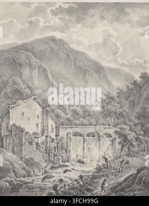 Berglandschaft mit Wassermühle bei Trier, Blick aufgenommen im ci-dev: électorat de trèves, Druck, In einer gebirgigen Landschaft steht eine Wassermühle. Unten am Fluss waschen zwei Figuren Wäsche. Ein Wanderer geht am rechten Ufer., Druckgrafiker: Henri van Assche, Brüssel, Drucker (Person): Antoine Dewasme-Plétinckx, 1826, Drucker (Person), Papier, Chine collé, Lithographie, Lithographie auf Chine collé, Höhe 550 mm x Breite 355 mm, 'en route', Reisender unterwegs, Wassermühle in der Landschaft, Rheinland-Pfalz, Trier., Eine monochromatische Zeichnung einer gebirgigen Landschaft mit einem großen felsigen Gipfel und Stockfoto